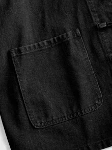 ROMWE MEN Men's Vintage Frog Button Print Long Sleeve Pocket Denim Jacket - Black - View 5