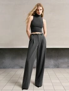 MOTF PREMIUM WOMEN'S PLEATED POCKET ELEGANT WIDE LEG SUIT PANTS FOR COMMUTING - Dark Grey - View 6