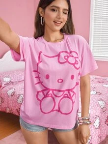 HELLO KITTY AND FRIENDS | SHEIN Women's Cartoon Print Casual Daily Short Sleeve T-Shirt - Pink - View 4