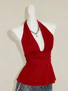 SHEIN ICON 萬聖節女款掛脖露背黑色娃娃裝背心上衣 - 紅色 - 查看 10