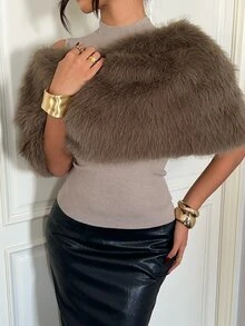 Aloruh Women's Autumn/Winter Versatile Asymmetrical Collar Faux Fur Top, Army Green Fluffy Fashion Top - Army Green - View 4
