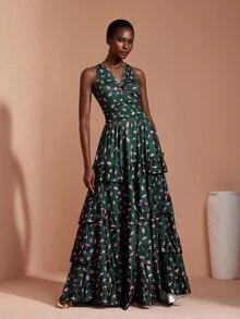 JIAN LASALA Knit Sleeveless O-Ring Halter Neckline Multi Ruffle Layers Ruched Long Dress Elegant - Multicolor - View 1
