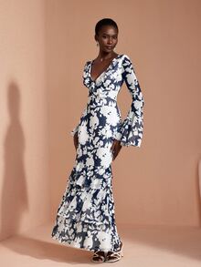 JIAN LASALA Mesh Ruffle Long Sleeve V Neckline Multi Layers Long Dress Elegant Vacation Holiday - Blue and White - View 3