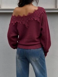 Siren Gaze Women's New Autumn Asymmetrical Shoulder Lace Patchwork Sweater - Burgundy - View 2