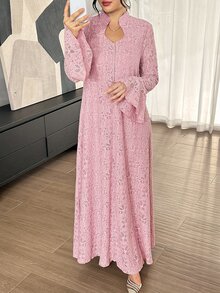 Graceveil Light Pink Lace Stand Collar Long Robe Dress, Flared Long Sleeve Middle Eastern Muslim Maxi Skirt - Pink - View 6