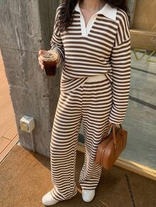 Strévra Women's Striped Colorblock Long Sleeve Top And Pants 2 Pieces Set Fall - Brown - View 4