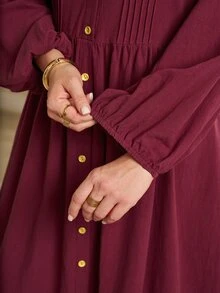 EMERY ROSE Plus Size Burgundy Ruched Button Front Ruffle Round Neck Long Sleeve Dress Fall Winter 2026 - Burgundy - View 9