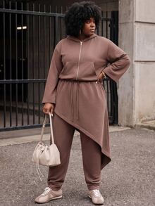 Slaydiva Autumn/Winter Brown Hooded Cardigan & Asymmetrical Hem Jogger Pants 2 Pieces Set Plus Size Fall - Brown - View 4