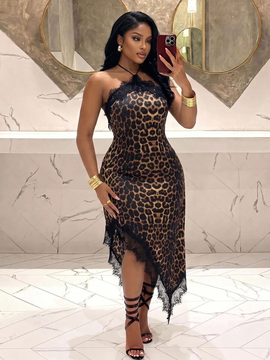 Slaydiva Plus Size Sexy Leopard Print Lace Patchwork Asymmetrical Hem Dress