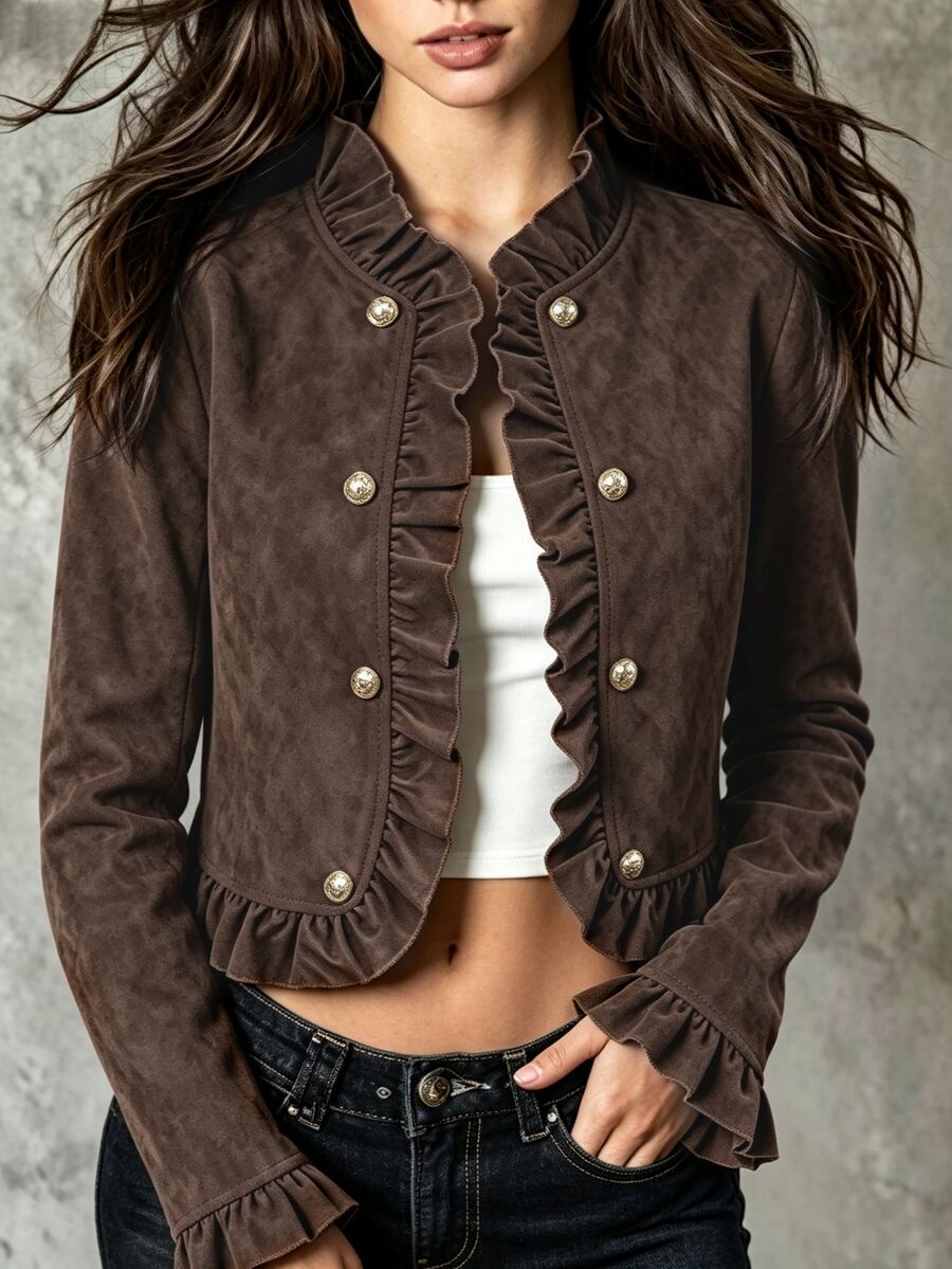 SHEIN Women's Solid Color Casual Versatile Daily Long Sleeve Jacket - Brown - View 1
