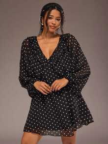 Freevana Elegant Women Chiffon Black Polka Dot Deep V-Neck Ruffle Long Balloon Sleeve Flowy Short Dress - Black - View 1