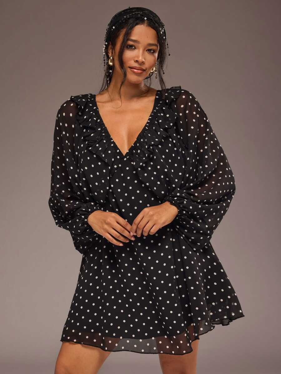 Freevana Elegant Women Chiffon Black Polka Dot Deep V-Neck Ruffle Long Balloon Sleeve Flowy Short Dress - Black - View 1