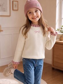 SHEIN Young Girl Sweet Embroidery Ruffle Trim Sweater Autumn Winter - Beige - View 7