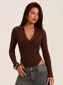 SHEIN BAE New Women's Lapel V-Neck Button Long Sleeve Minimalist Premium Vibe Sweater Jumpsuit - Coffee Brown - View 4
