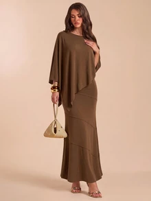 Bluhae Women's Autumn/Winter Solid Color Asymmetric Hem Top And Mermaid Skirt Elegant Set - Coffee Brown - View 4