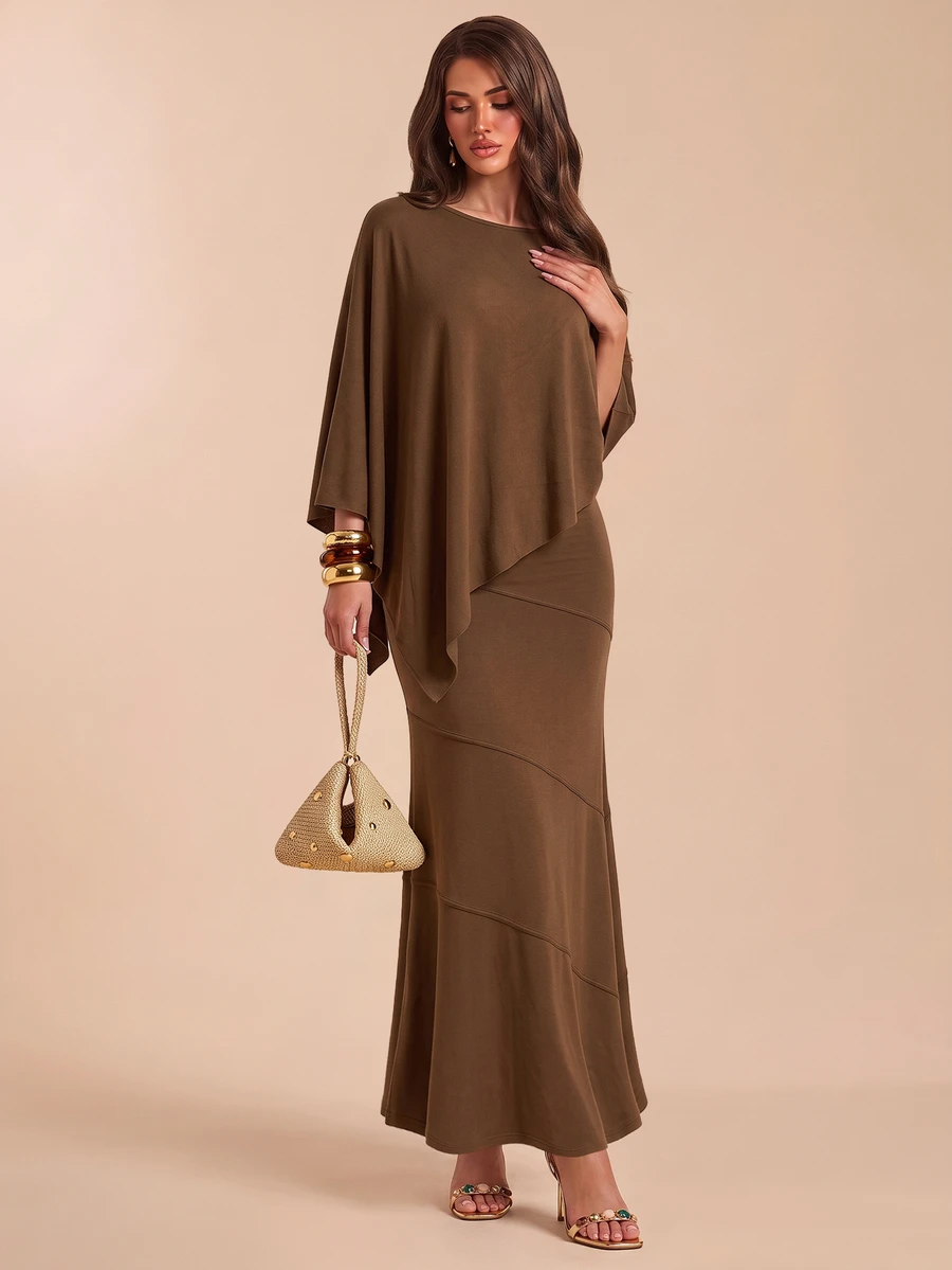 Bluhae Set Elegan Atasan dan Rok Duyung Warna Polos Model Hem Asimetris untuk Wanita Musim Gugur/Dingin - Coffee Brown - View 1