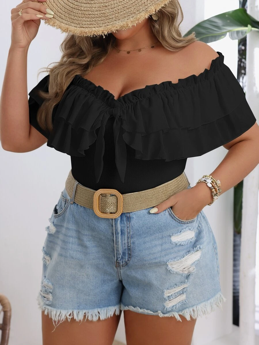 SHEIN VCAY Camiseta de mujer talla grande color liso con volantes y nudo delantero - Negro - Ver 1
