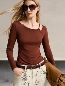 MOTF PREMIUM ELEGANT METAL DECOR ASYMMETRIC COLLAR DESIGN DETAIL AUTUMN/WINTER RIBBED LONG SLEEVE BASE LAYER - Brown - View 4