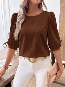 EMERY ROSE Women's Solid Color Casual Versatile Everyday Outing Shirt - Coffee Brown - View 5