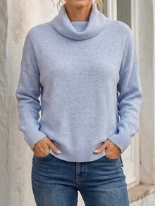 Faunlyn Cowl Neck Drop Shoulder Pullover Sweater, Soft Knit Relaxed Fit Long Sleeve Jumper For Fall Winter - Blue - View 7