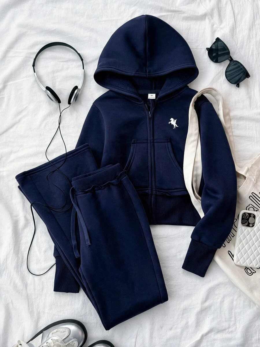 Tween Girl Dark Gray Zip-Up Hooded Sweatshirt And Sweatpants Casual Set - Navy Blue - View 1