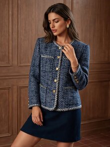 Anewsta Autumn/Winter New Elegant Vintage Party Evening Exquisite High-End Open Front Women's Overcoat - Blue - View 6