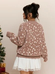 CovetEZ Autumn/Winter Christmas Reindeer Pattern Plush Soft Casual Plus Size Cardigan, Suitable For Halloween And Christmas Wear - Brown - View 2