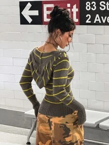 StreetHx Women's Streetwear Y2K Colorblock Horizontal Striped Slimming Half-Button Pullover Retro Long Sleeve Sweater Top, Autumn/Winter - Multicolor - View 2