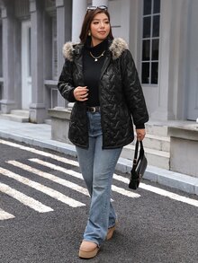 SHEIN LUNE Plus Size Women's Long Sleeve Zipper Front Patchwork Fur Collar Hooded Winter Jacket - Black - View 6