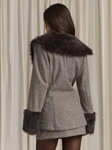 Aloruh Women's Elegant Business Commute Long Sleeve Blazer + Mini Skirt Old Money Style Faux Fur Patchwork Suit 2 Pieces Set - Coffee Brown - View 2