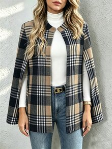 SHEIN British Style Brown Black Plaid Cape Coat Women Stand Collar Open Front Loose Wool Blend Mid Length Jacket - Khaki - View 4