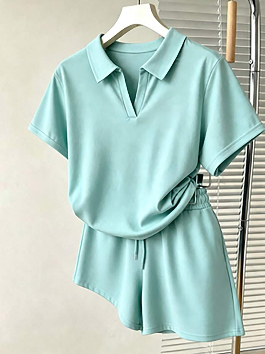 Resyla 薄荷綠 Polo 領短袖上衣 + 高腰抽繩寬腿短褲休閒女款兩件套 - 彩色 - 查看 1