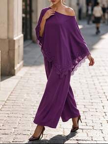 Editum Women's Asymmetrical Lace Patchwork One-Shoulder Top And Loose Pants 2 Pieces Set - Purple - View 5