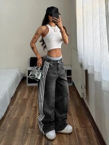StreetHx 女款休閒水洗對比色條紋牛仔長褲 - 淺灰色 - 查看 1