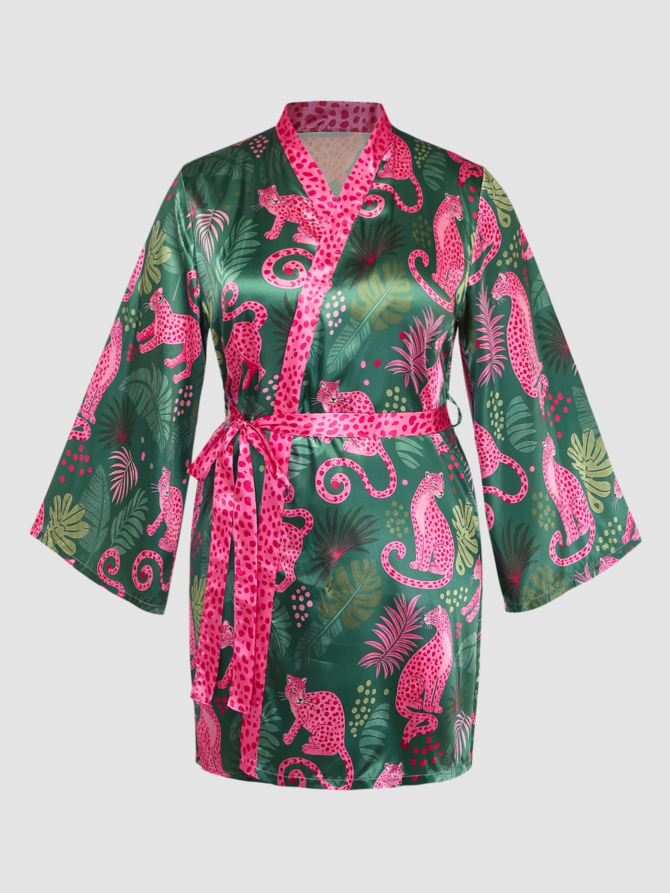 Chillnights Colorblock Floral Leopard Leaf Print Satin Tie-Front Plus Size Robe - Green - View 1