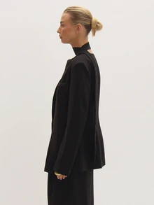 MUSEYN Black Woven Wrap Neck Detail Open Front Suit Blazer Timeless Date Night Tailored Office New Season Fall - Black - View 3