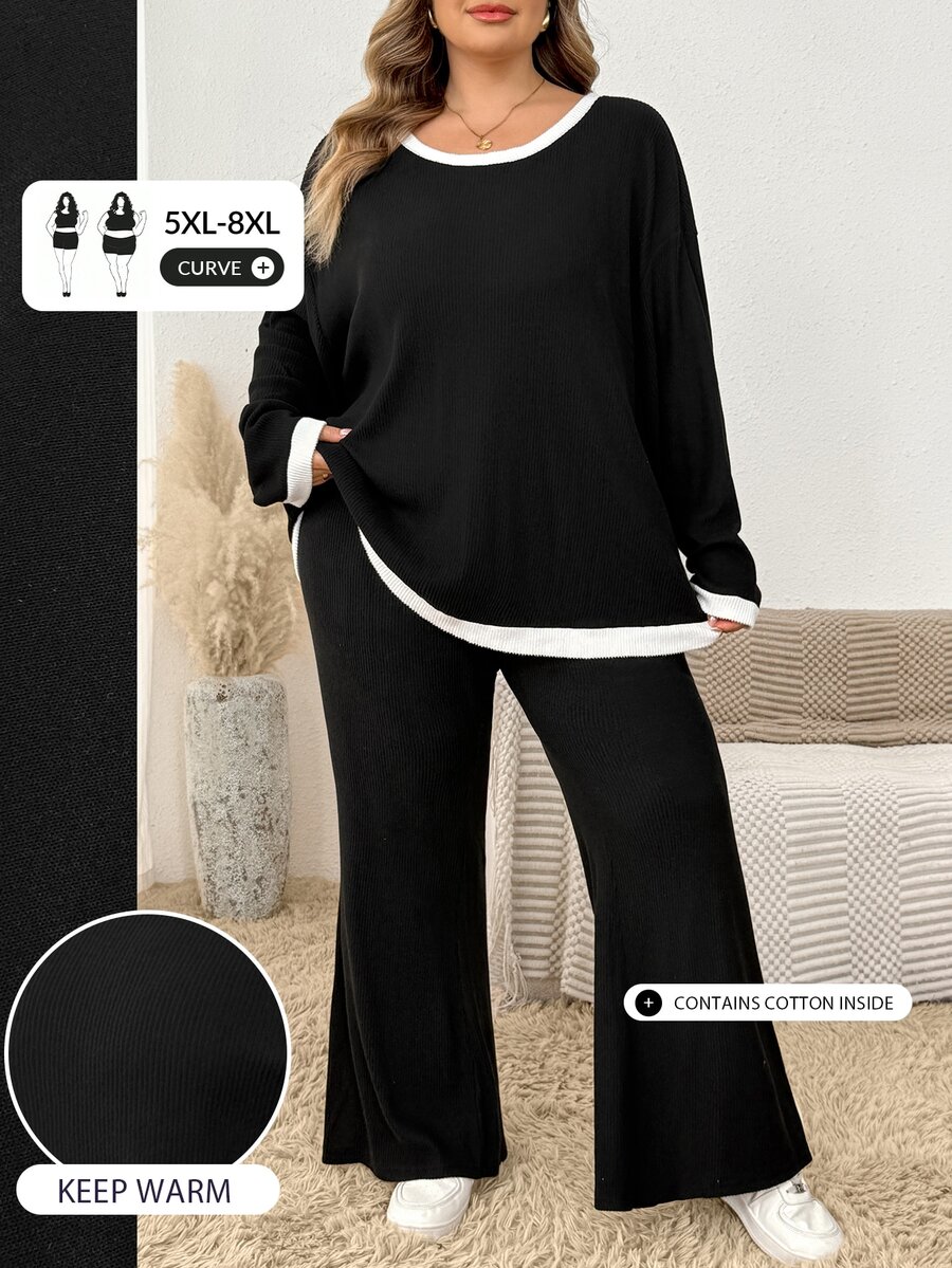 SHEIN CURVE+ 2pcs/Set Plus Size Contrast Trim Ribbed Crew Neck Long Sleeve Top And Slit Leg Pants Women's Winter Outfit Fall - Black and White - View 1