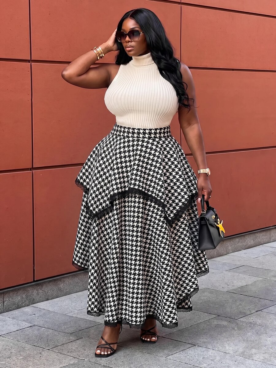 Slaydiva Rok Panjang Asimetris Berlapis Ganda Motif Houndstooth Hitam Putih untuk Kencan Harian, Ukuran Plus