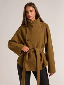 SHEIN BAE Mantel Panjang Bergaya Vintage dengan Kerah Besar dan Sabuk Elegan - Olive Green - View 1