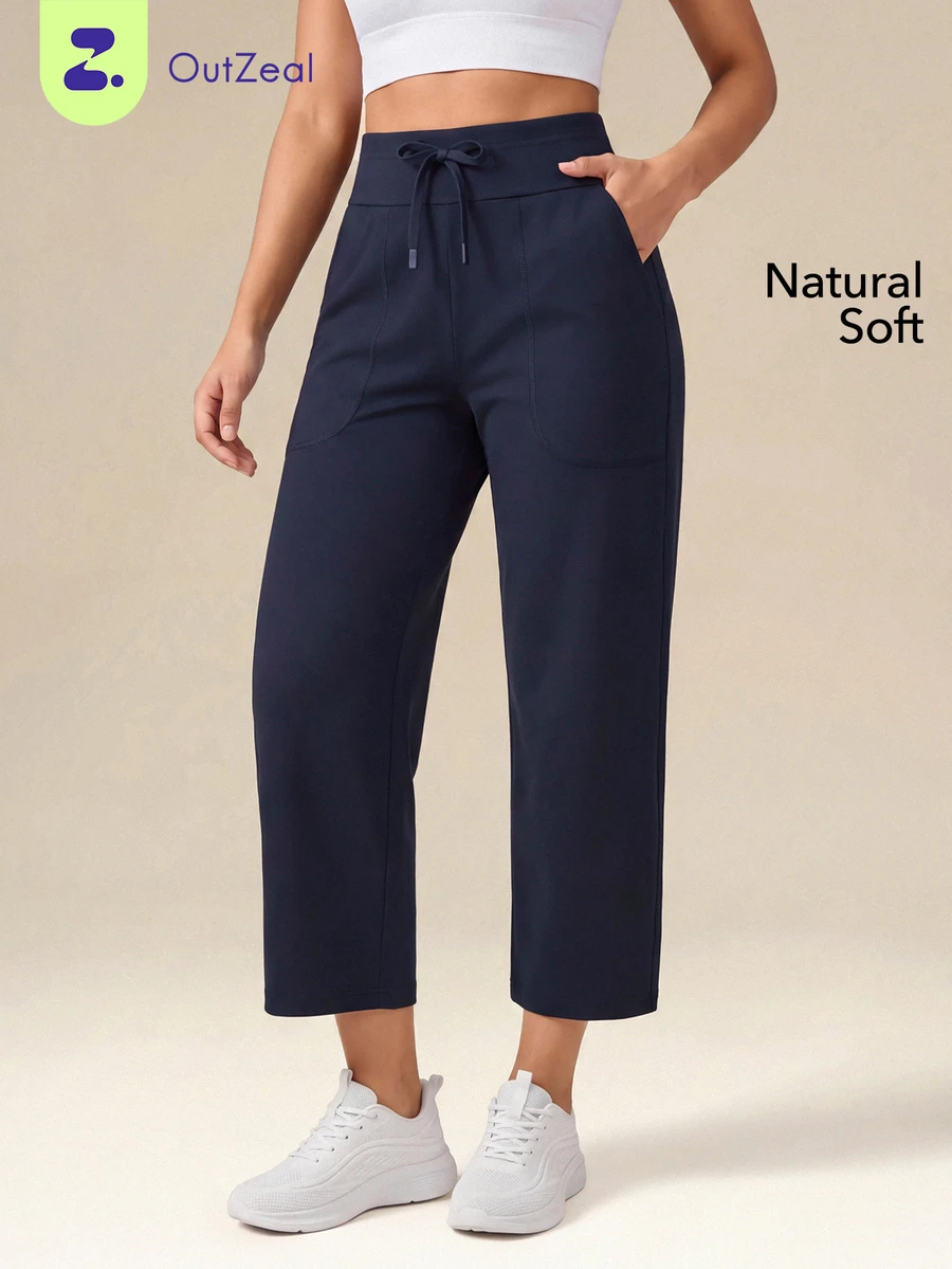 OutZeal Women Sports Pants Solid Color Yoga Casual Studio Natural Soft High Waist Straight Leg Cropped Active Bottom Summer Spring - Navy Blue - View 1
