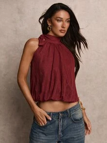 SHEIN Unity 女款酒紅色紋理布料掛脖綁帶無袖套頭上衣 休閒性感時尚百搭上衣 適合早午餐、夜晚外出、夏季度假 - 紅色 - 查看 8