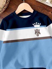 1pc Toddler Royal Blue Crown NY Letter Print Fleece Crew Neck Sweatshirt, Color Block Striped Design, Sports Outdoor Casual, Suitable For Autumn/Winter - Multicolor - View 3