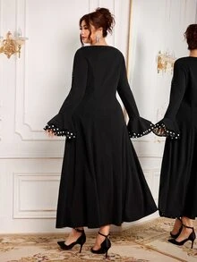 Modelyn Plus Size Women's Fashion Elegant X-Silhouette Square Neck Long Sleeve Polka Dot Patchwork Autumn Long Dress - Black - View 3