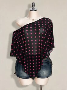SHEIN ICON 女款大尺碼性感波點不對稱下擺網紗上衣 - 彩色 - 查看 3