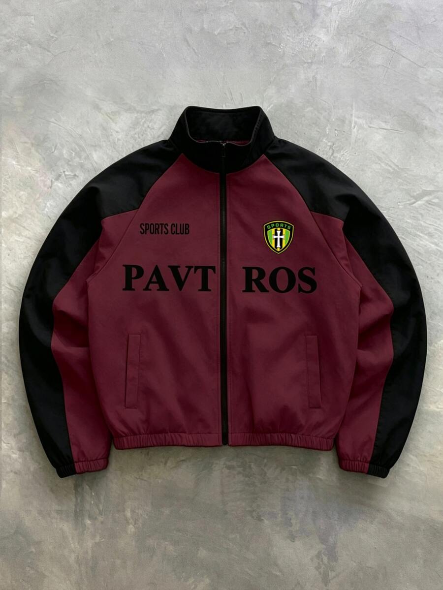 PAVTROS 男士對比色印花長袖夾克外套美式足球風 - 酒紅色 - 查看 1