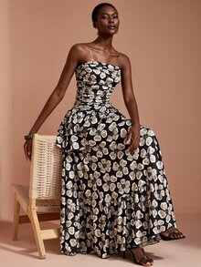 JIAN LASALA Knit Floral Print Sleeveless Tube Top Double Ruffle Layers Ruched Long Dress Elegant Vacation - Multicolor - View 1