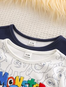 Cozy Pixies Set Piyama Bayi Laki-laki Pas Badan, Motif Kartun Gelap, Atasan Pullover Lengan Panjang Leher Bulat Rajut Lembut dan Celana Panjang Pinggang Elastis, Set 2 Potong - MultiWarna - View 3