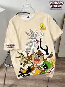 LOONEY TUNES X SHEIN Daypath 男士大尺碼卡通印花短袖T恤 - 杏色 - 查看 5