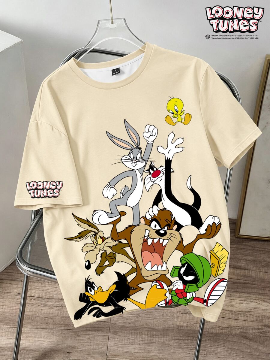 LOONEY TUNES X SHEIN Daypath Men's Plus Size Cartoon Print Short Sleeve T-Shirt - Apricot - View 1