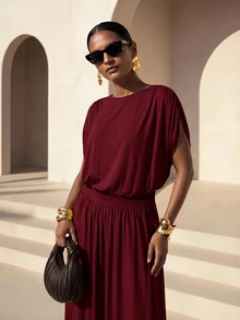 Zivah Gaun Panjang Elegan Wanita Warna Polos Leher Bulat Model Sayap Kelelawar Lengan Pendek - Burgundy - View 9